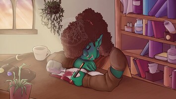 digital illustration of Broto sleeping on a table