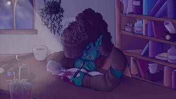 digital illustration of Broto sleeping on a table at night