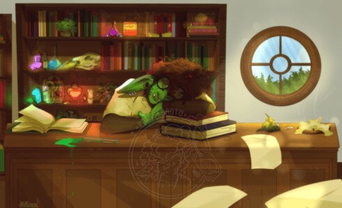 digital illustration of Broto sleeping on a table