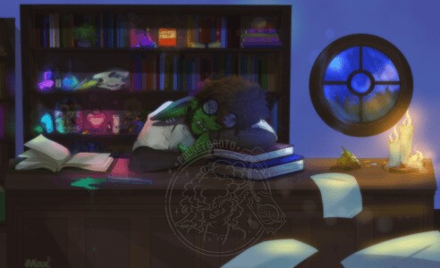 digital illustration of Broto sleeping on a table at night