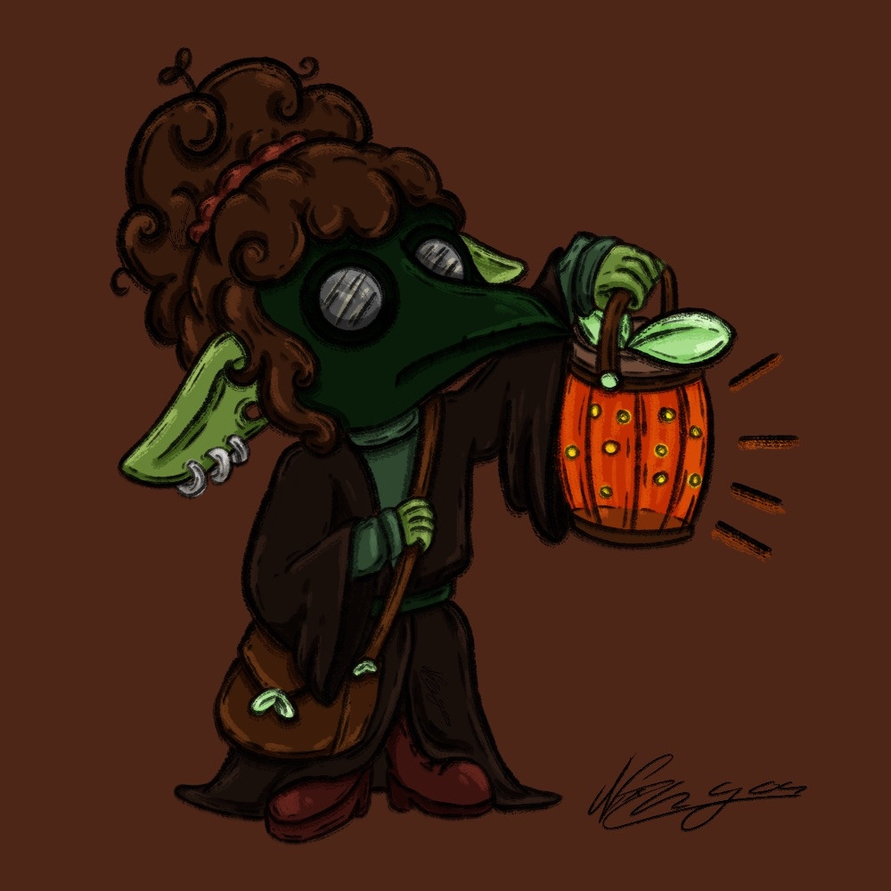 digital illustration of Broto as a plague doctor in chibi style